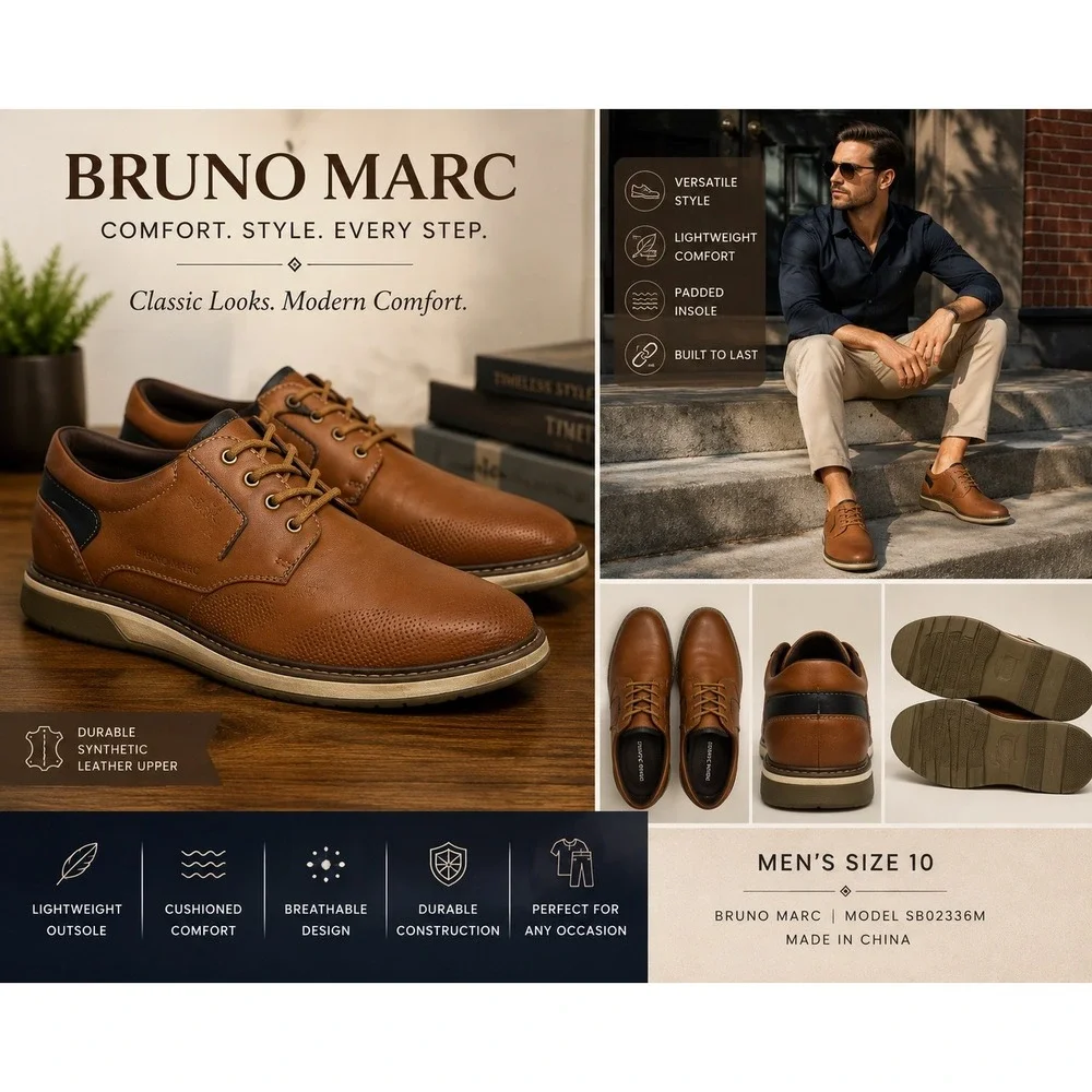 Bruno Marc Men's Brown Leather Lace-Up Casual Derby Shoes Size 10